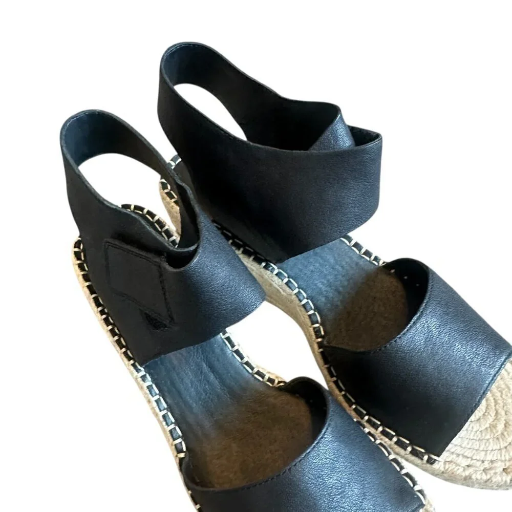 Eileen Fisher Weslia Black Wedge Sandals Espadrille Ankle Strap Size 9 Women's